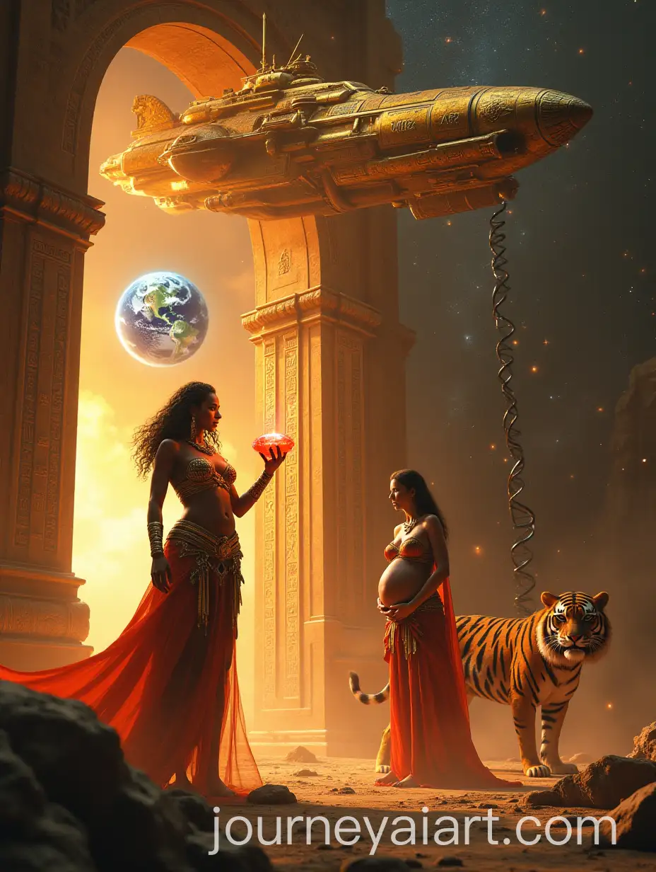 Epic-SciFi-Scene-with-Golden-Ancient-Spaceship-Holographic-Earth-and-Egyptian-Cyberpunk-Themes