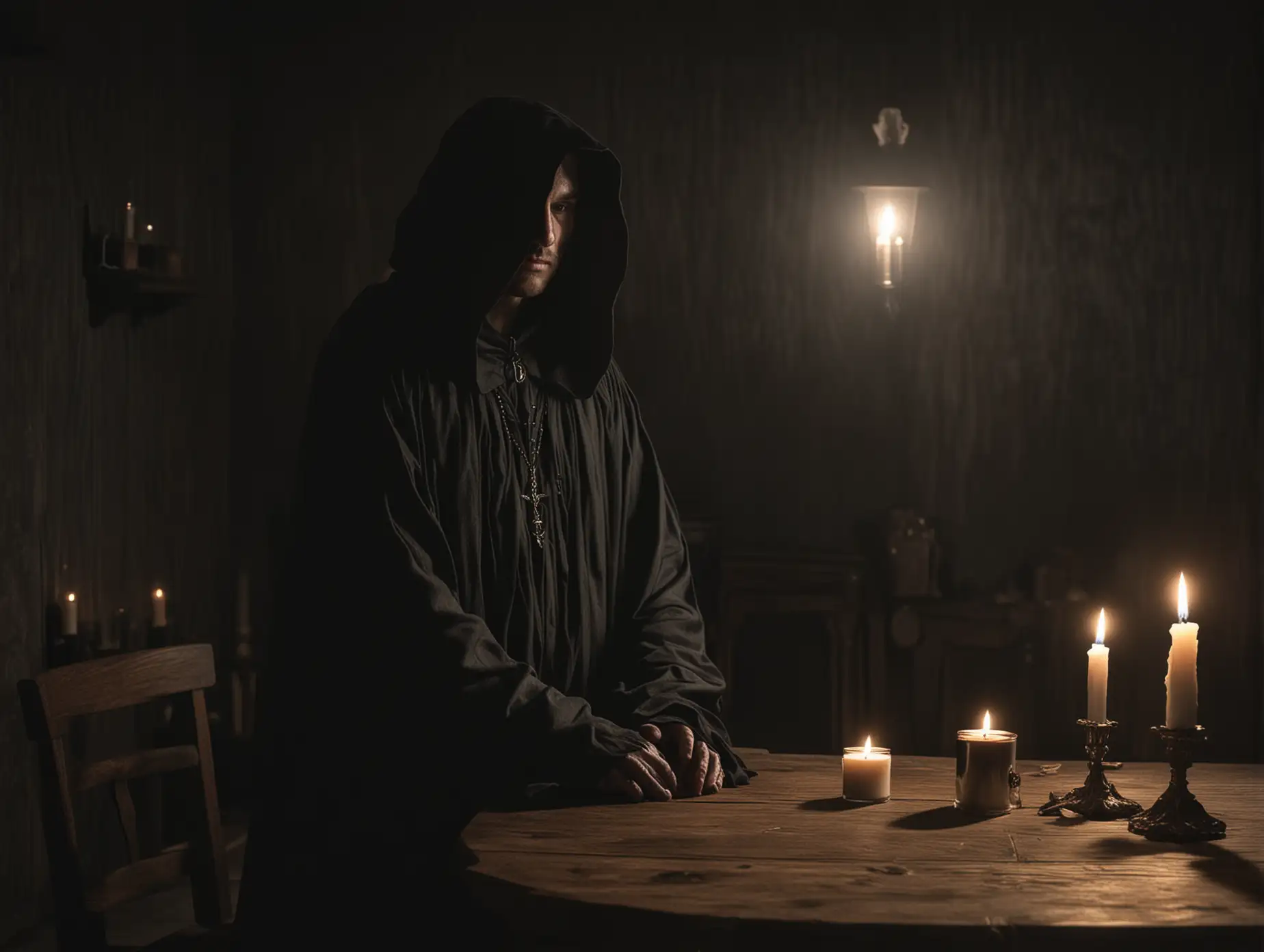 Mysterious-Figure-in-Dark-Cloak-Sitting-at-Oak-Table-in-Dimly-Lit-Room-with-Candle