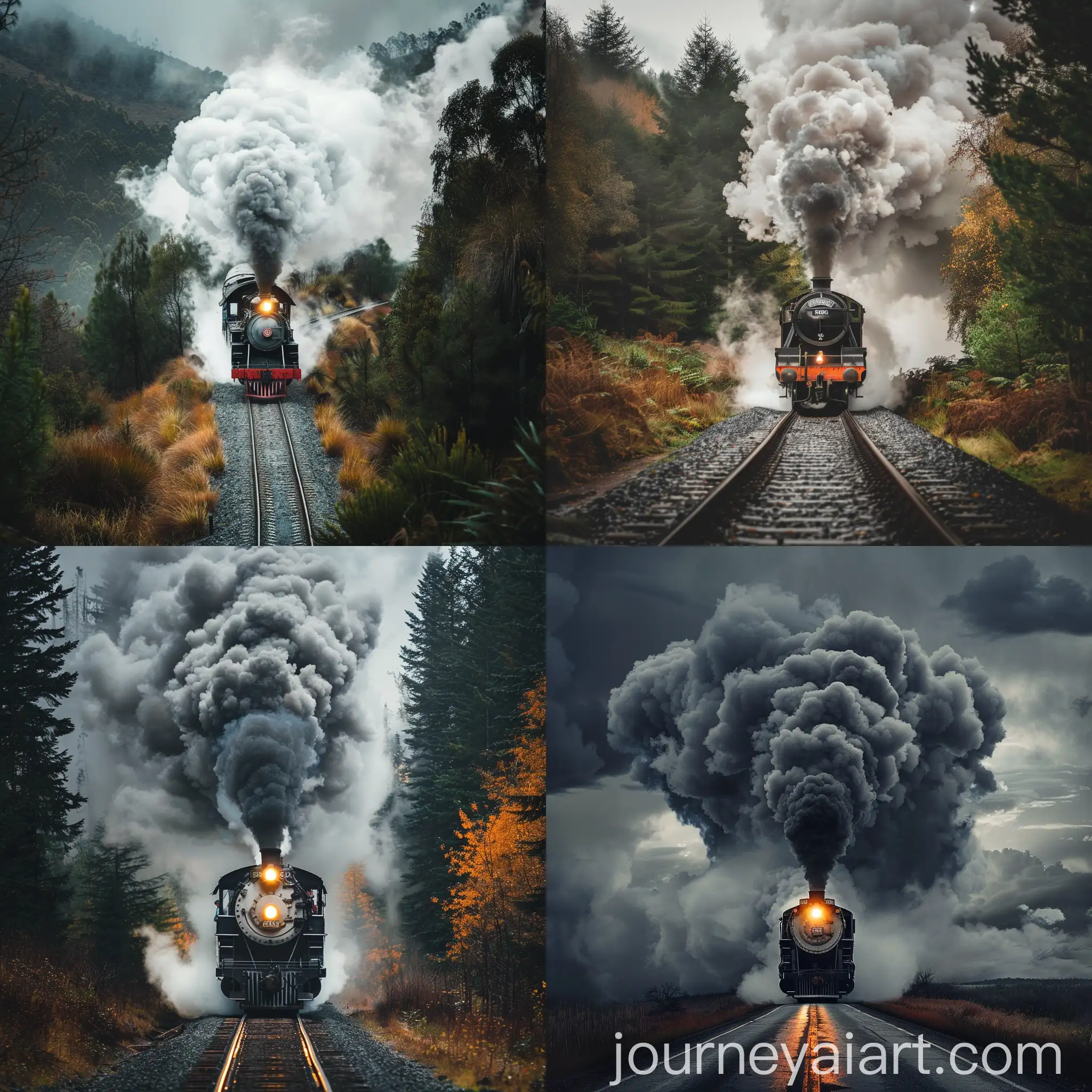 Steam-Train-Climbing-Uphill-Road-with-Billowing-Smoke