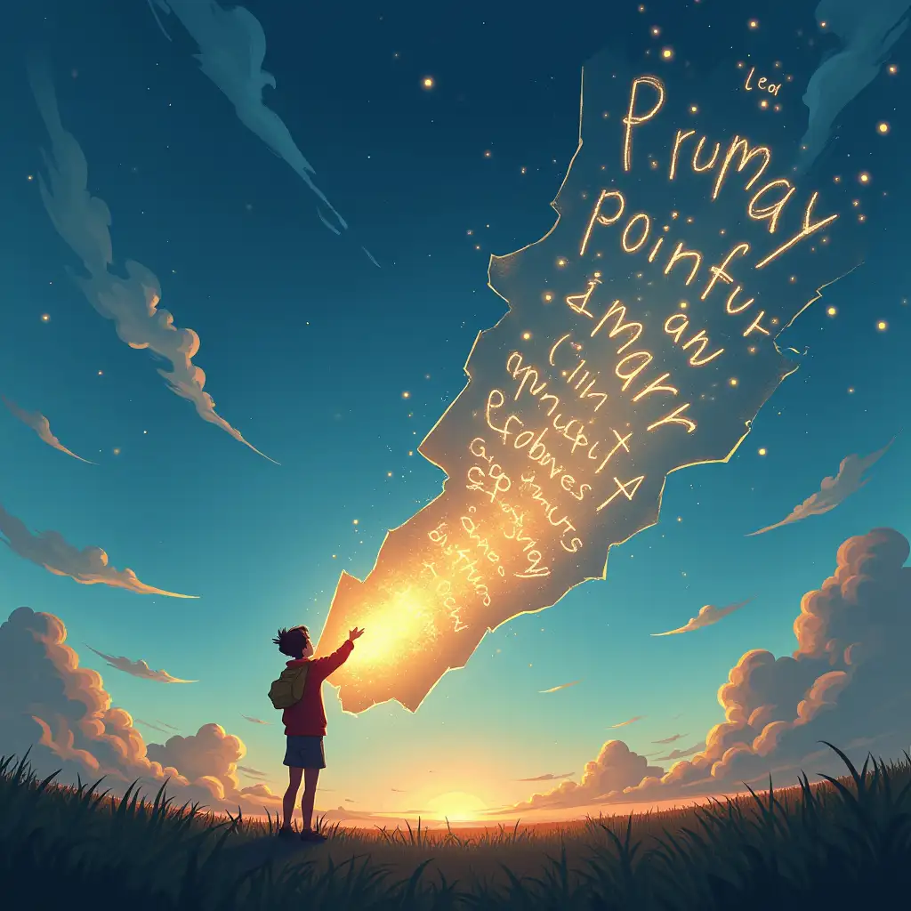 Slow motion of a journal page being torn and released into the wind. As the page floats away, it morphs into glowing, poetic words that light up the sky in cartoon theme