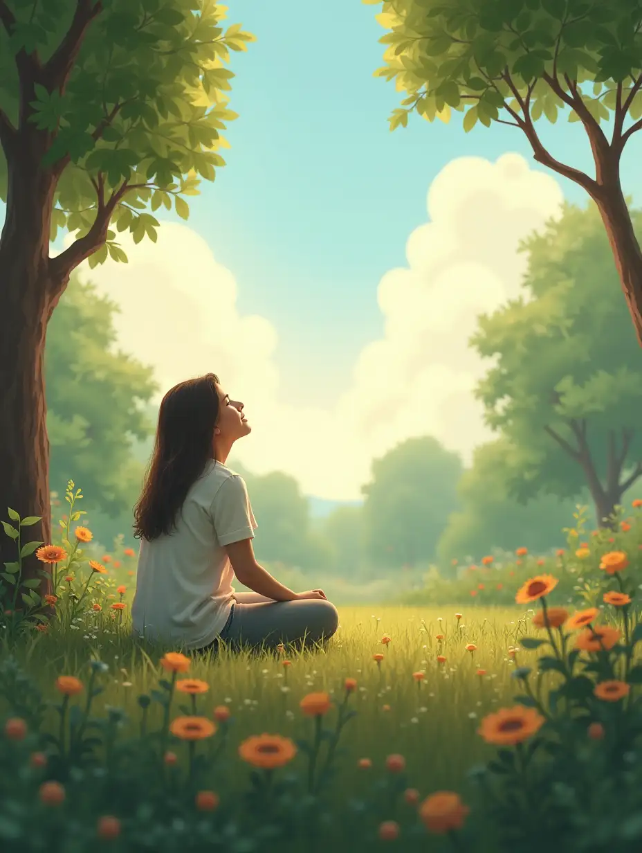 A serene scene of a peaceful person sitting outdoors, surrounded by nature with abundant greenery and a gentle sky, symbolizing trust and freedom from worry about daily needs like food, drink, and clothing.