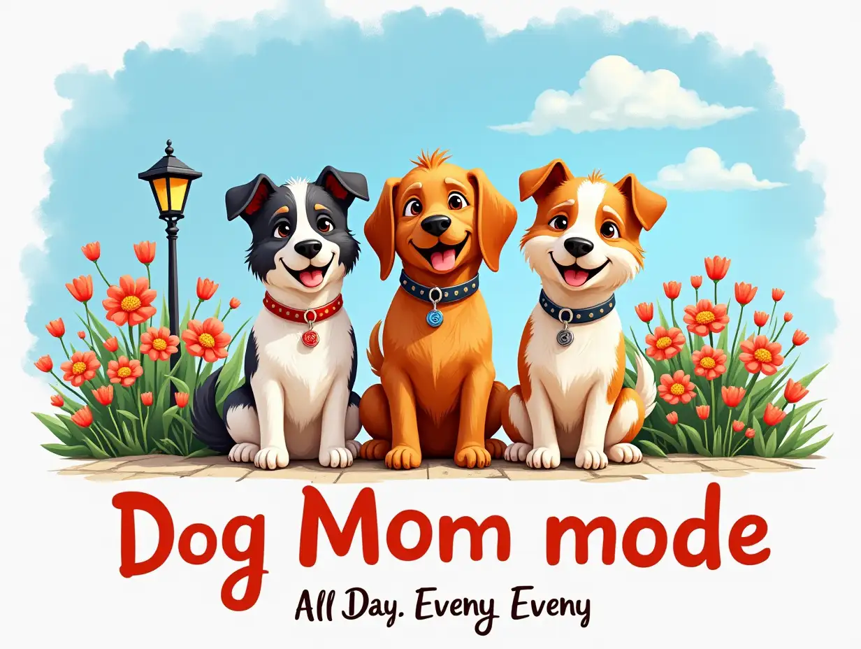 Vector. Vector. The image should feature three cartoon dogs sitting on next to a house with a happy expression. The dogs should be surrounded by colorful flowers and a street lamp. The background should be a clear blue sky. The text 'Dog Mom mode All Day, Every Day' should be displayed below the dogs. oil paint ink