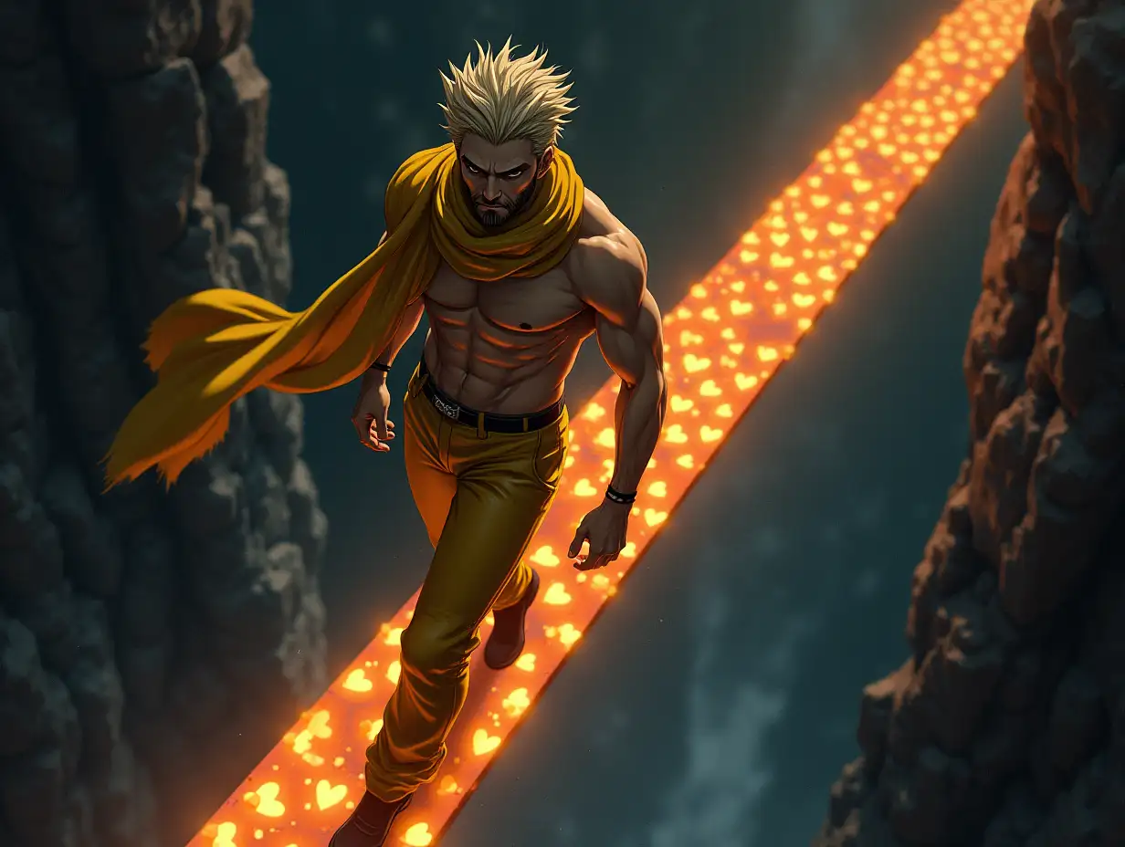 a angled from high above digital painting style of full metal alchemist with no white spaces, carefully walking across a on a beam of glowing hearts of light above a dark chasm featuring a handsome shirtless man with spiked hair and stubble, flowing brocade yellow scarf made of slime and checkerboard neck tattoo, yellow leather pants,