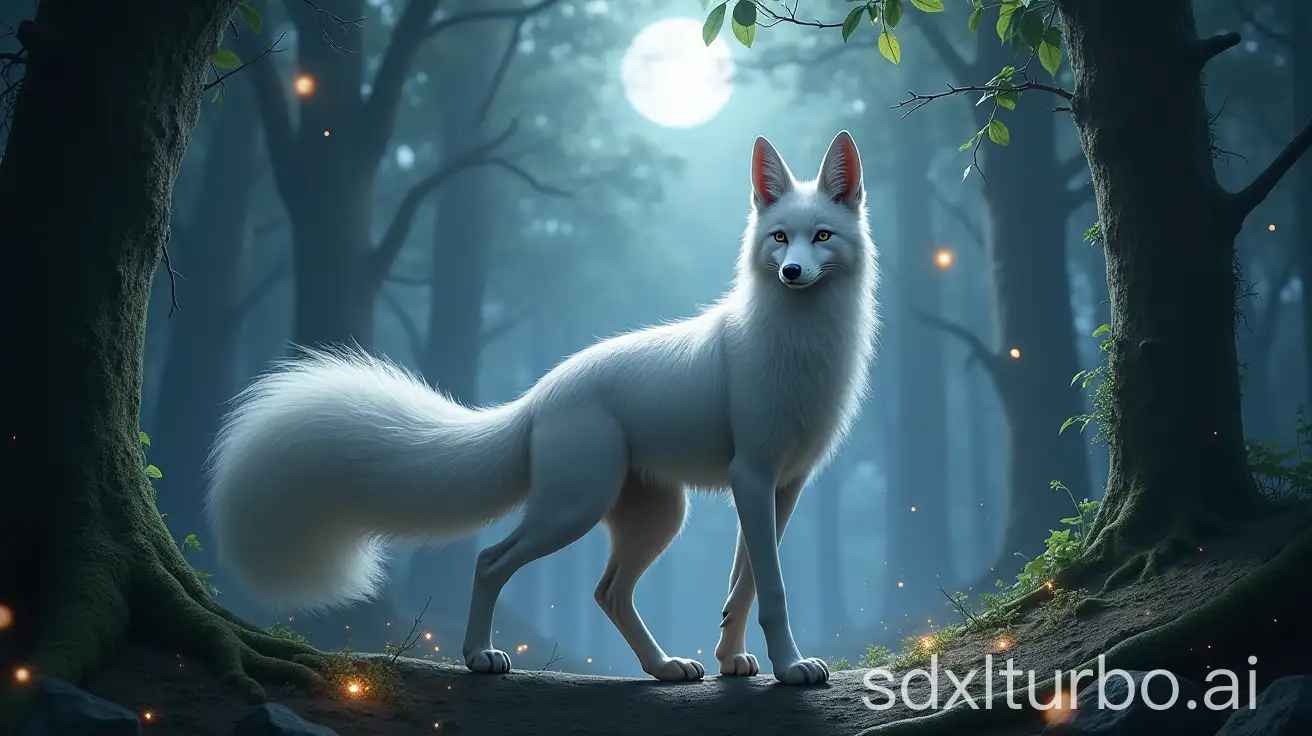 Mysterious-Silver-NineTailed-Fox-in-Moonlit-Ancient-Forest