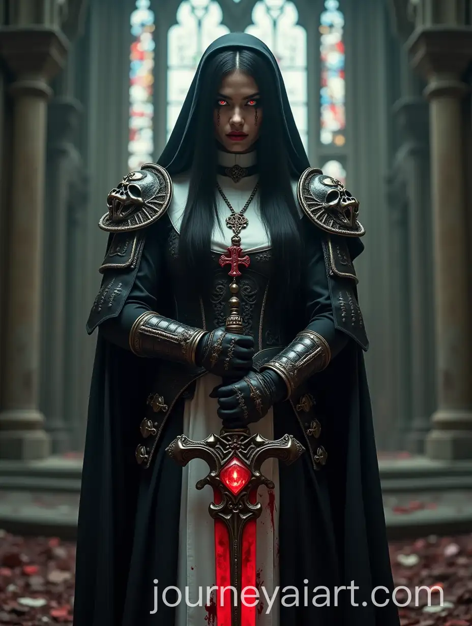 Fierce-Gothic-Warrior-Nun-in-Ornate-Black-Armor-with-Sword-in-Ruined-Cathedral