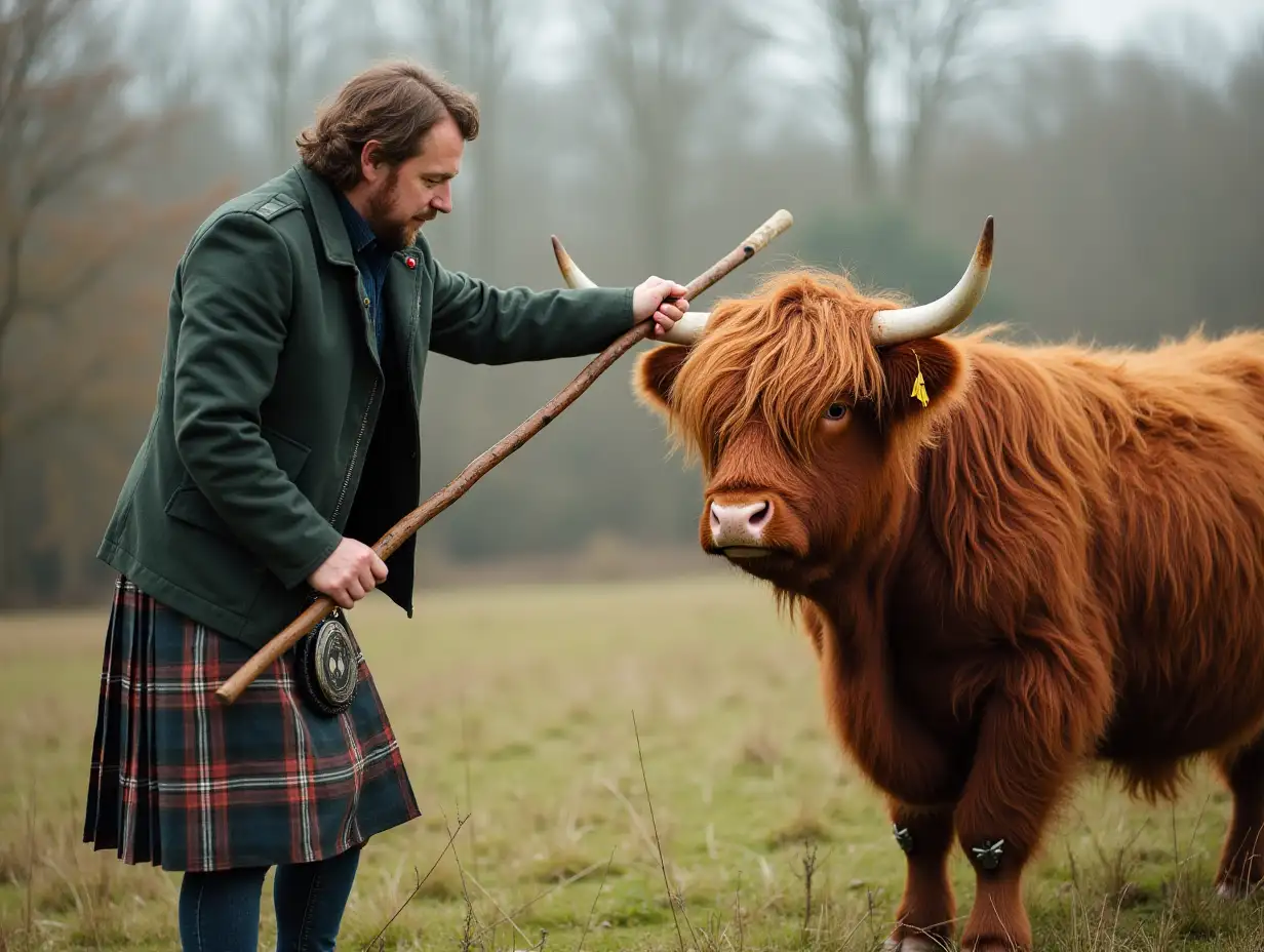 man in kilt, holding a stick and poking at a long haired highland cow