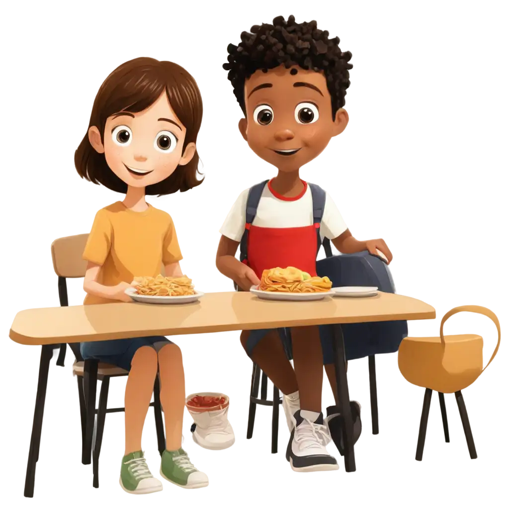 PNG-Image-of-Elementary-School-Children-Sharing-Food-in-a-Cartoon-Christian-Style-for-Diverse-Applications