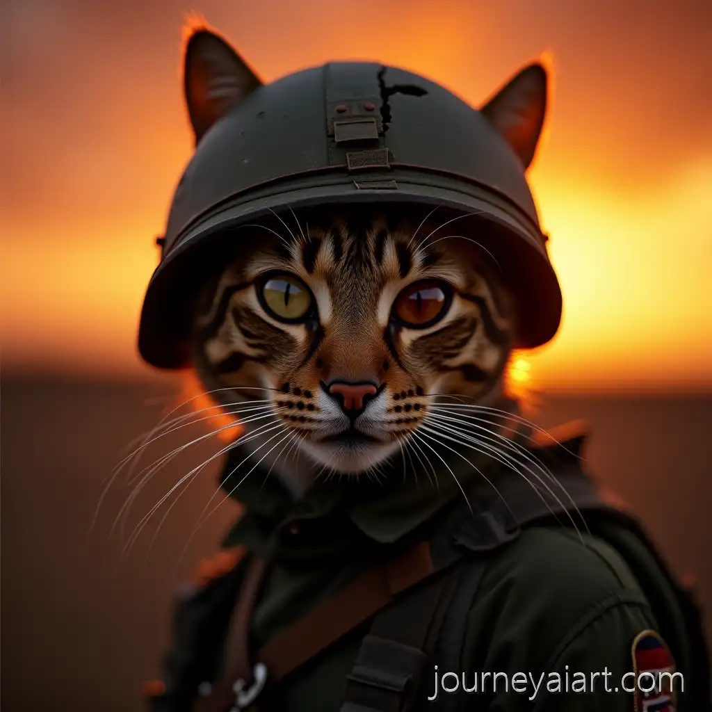Veteran-Military-Cat-Wearing-Cracked-Helmet-Against-Dramatic-Burning-Sunset