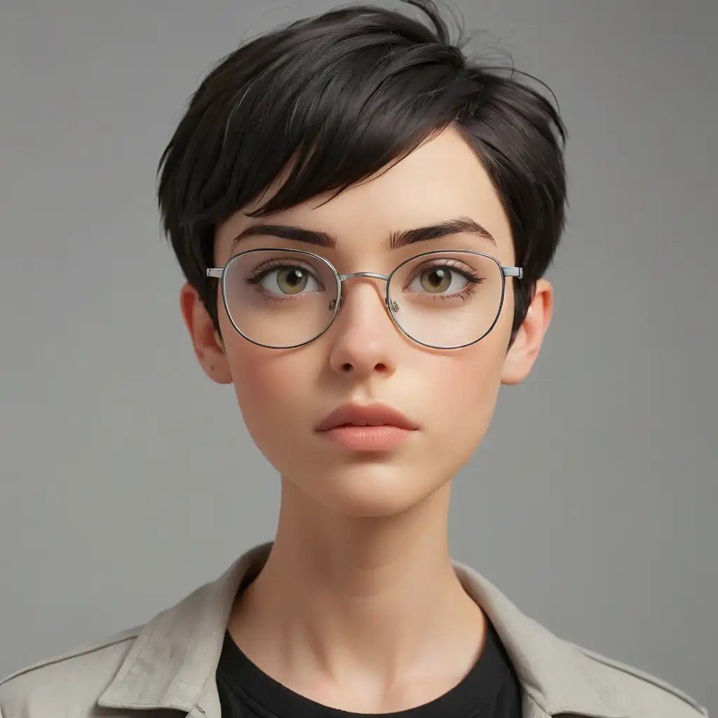 a portrait of a young woman, androgynous face, short black hair, black eyes, silver frame glasses, straight nose bridge, medium thick lips, slightly yellowish skin