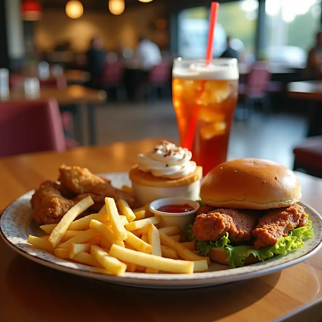 nicely decorated restaurant table, with delicious fast food e.g. hamburger, chicken wings, french fries, some sauces and a glass with soft drink and ice cubes. Some dessert.