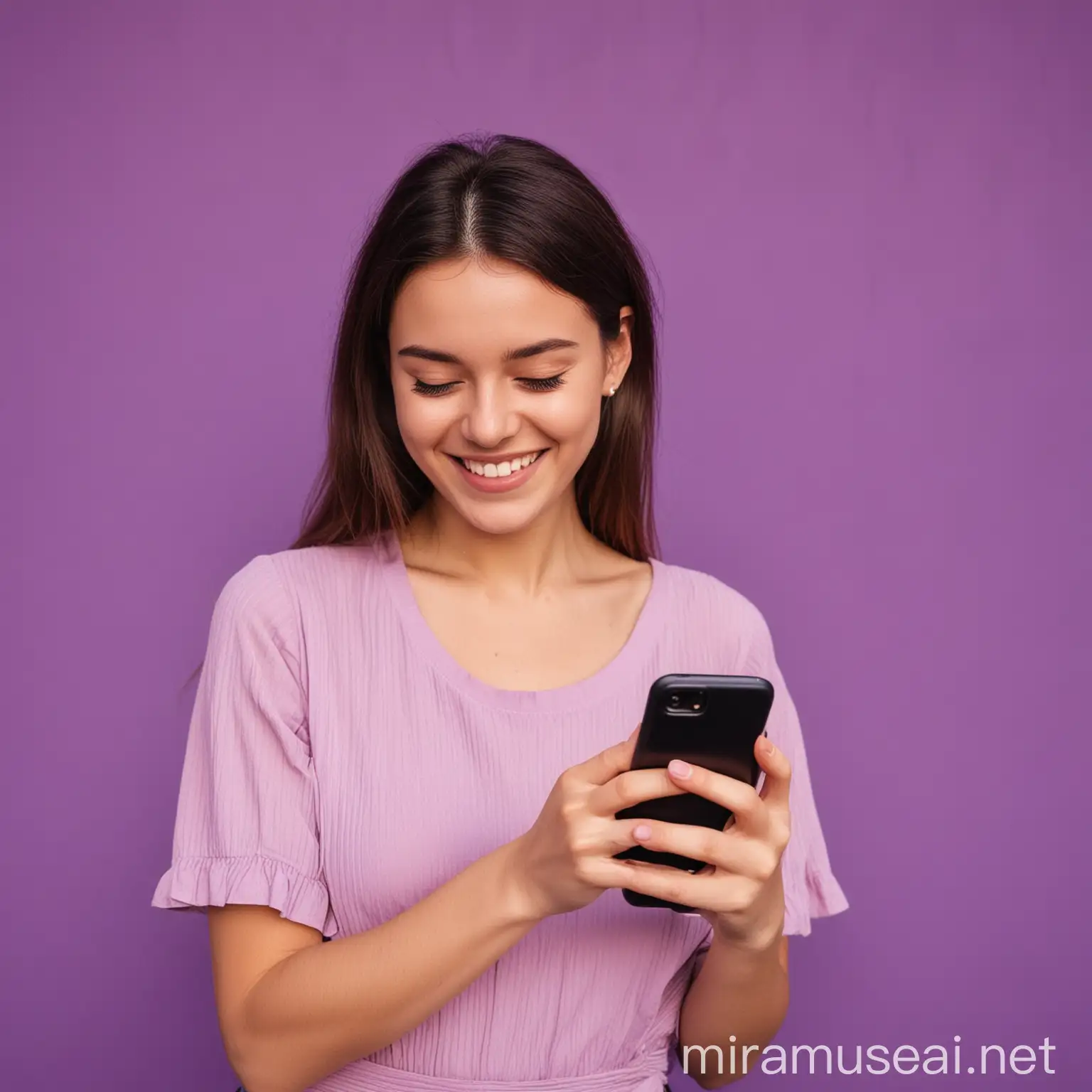 Young Woman Smiling with Smartphone Outdoors on Purple Background