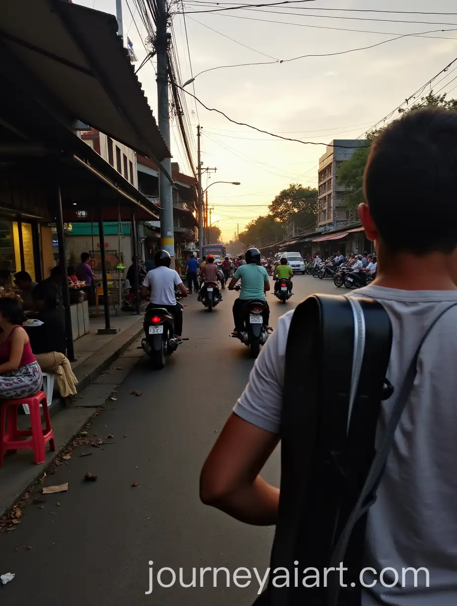 Person-Holding-Guitar-Case-in-Crowded-Street-with-Warung-and-Orange-Sky