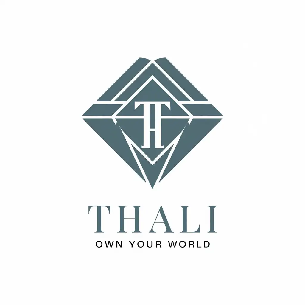 LOGO Design for Thali Sleek Diamond Shape Grayscale Palette Elegant Serif Font with Own Your World Tagline