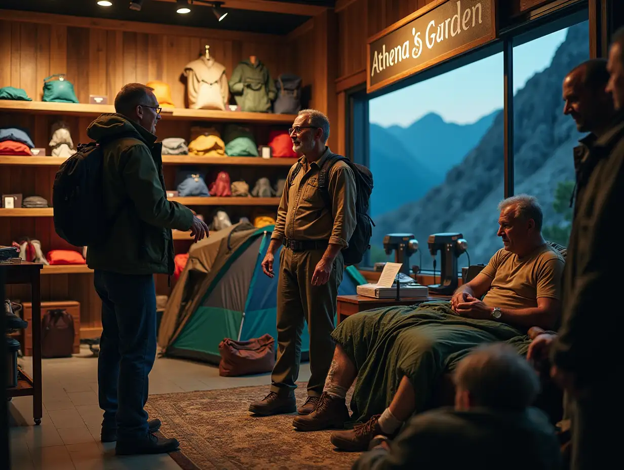 The scene opens in a well-stocked outdoor adventure shop, 'Athena's Garden.' Aristotle Mythos, a middle-aged man dressed in hiking attire, is speaking with a sales associate. He is animated, describing his ambitious plan to climb Mount Zeus. The sales associate is pointing to various camping gear.nThe scene then shifts to a mountainside at dusk. Mythos is struggling inside a partially collapsed tent, shivering in his sleeping bag. The environment looks harsh and unforgiving.nThe final scene is a doctor's office. Mythos, looking distressed, is examining his bandaged feet. Medical documents are visible, indicating the amputations and medical expenses.nThe visuals should strongly contrast Mythos's initial enthusiasm and the store's professional setting with the harsh reality of his experience on the mountain and the medical consequences. It should highlight the potential mismatch between the gear and its intended use