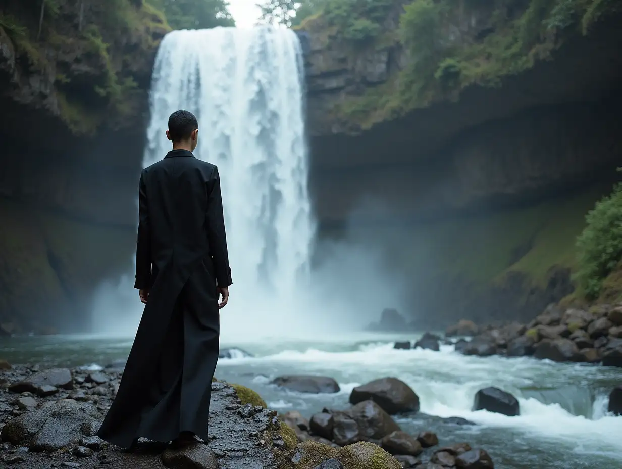 Generate a fashion setting where Yohji Yamamoto's minimalist garments contrast with the intricate beauty of a waterfall, creating a powerful visual narrative of simplicity and complexity.