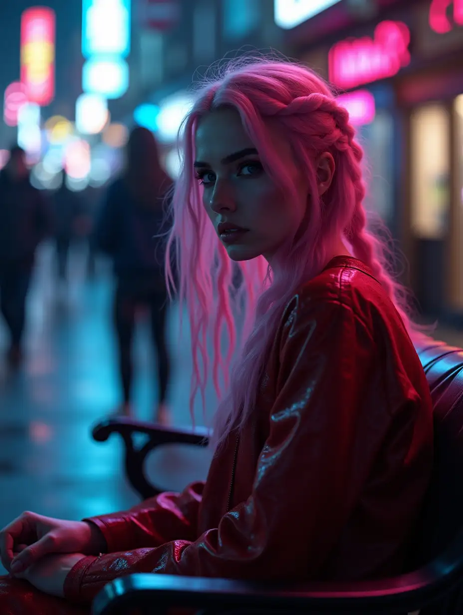 cinematic lighting, 4k, ultra details, ultra realism, woman, harlequin, sad, heavy eye liner, cyber punk city, woman has glowing pink hair, woman sitting on a bench, woman has braided hair, people walking in the background, --ar 9:16