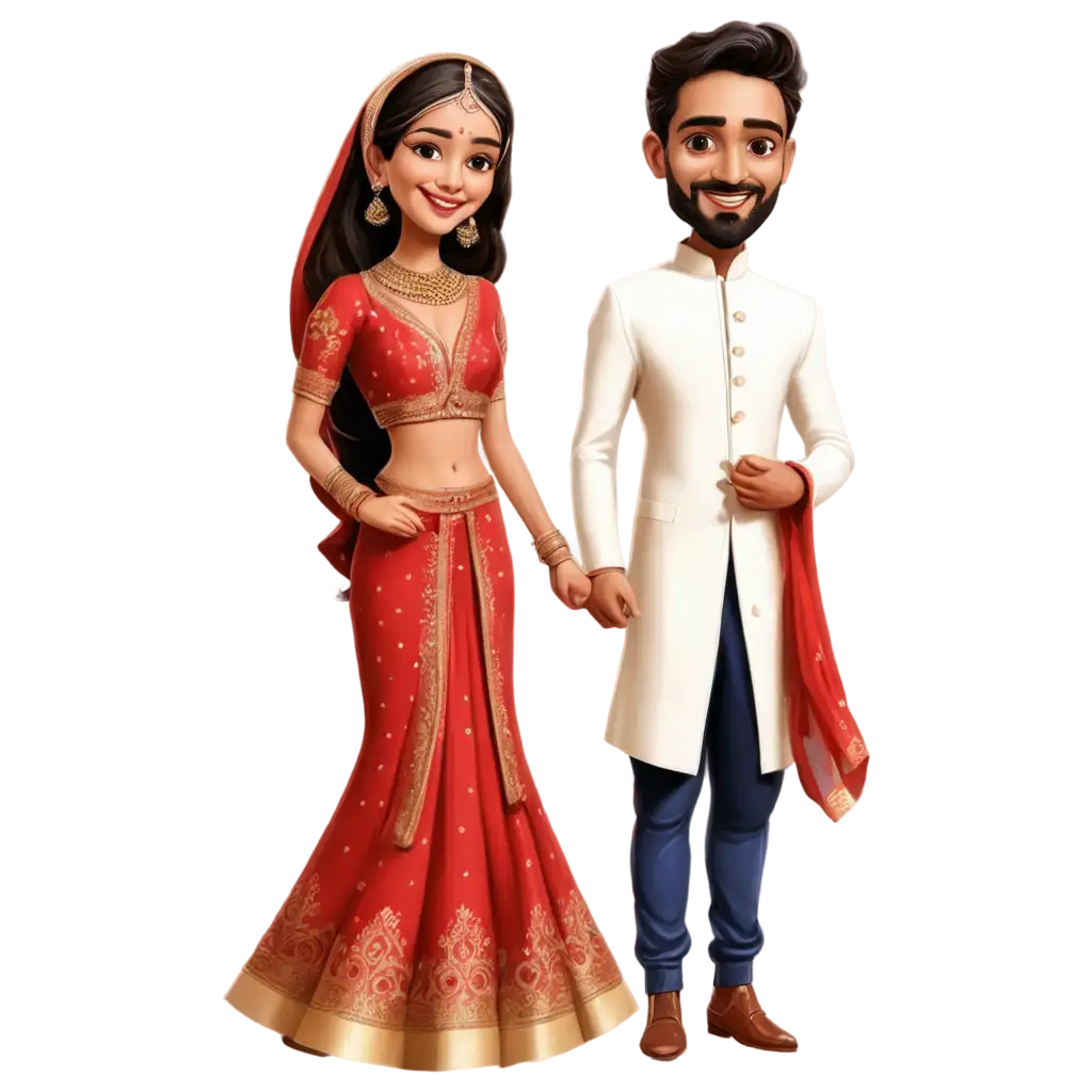 Vibrant-PNG-Caricature-of-Indian-Wedding-Ceremony-Couple-in-Red-Lehenga-and-White-Sherwani