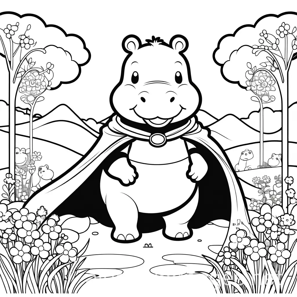 Chibi-Anime-Style-Cute-Hippo-in-Hero-Cape-on-Green-Playground-Coloring-Page