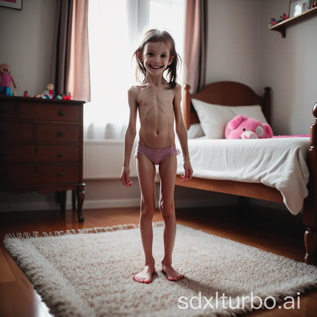 Skinny-Girl-with-Shiny-Skin-Grinning-on-Rug-Beside-Bed