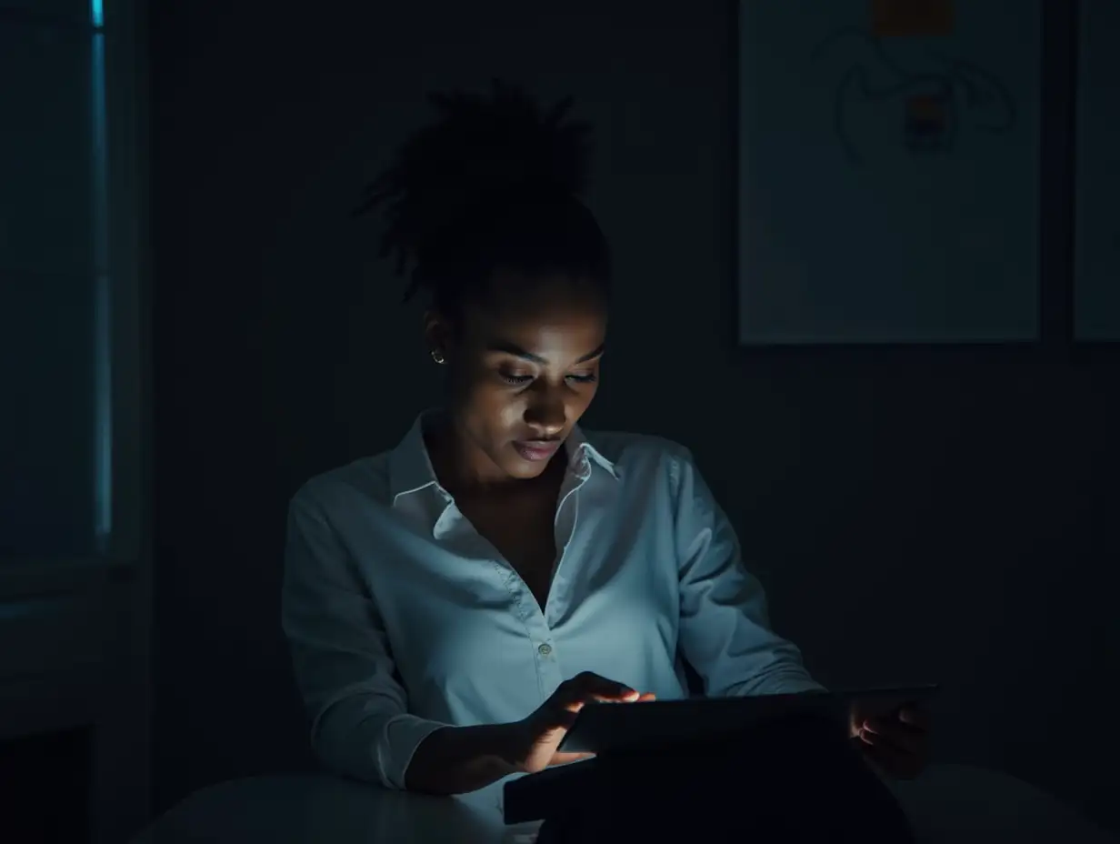 Tablet, research and woman in office at night with stock market analysis for risk management. Digital technology, data and African female financial broker with foreign exchange trading for client.