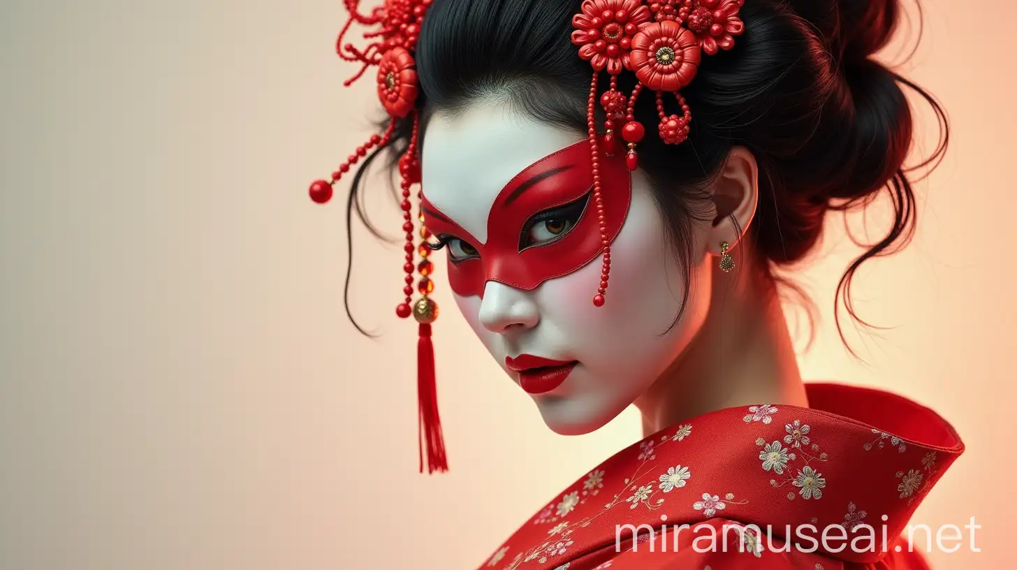 Japanese Woman in Traditional National Costume with Cultural Mask