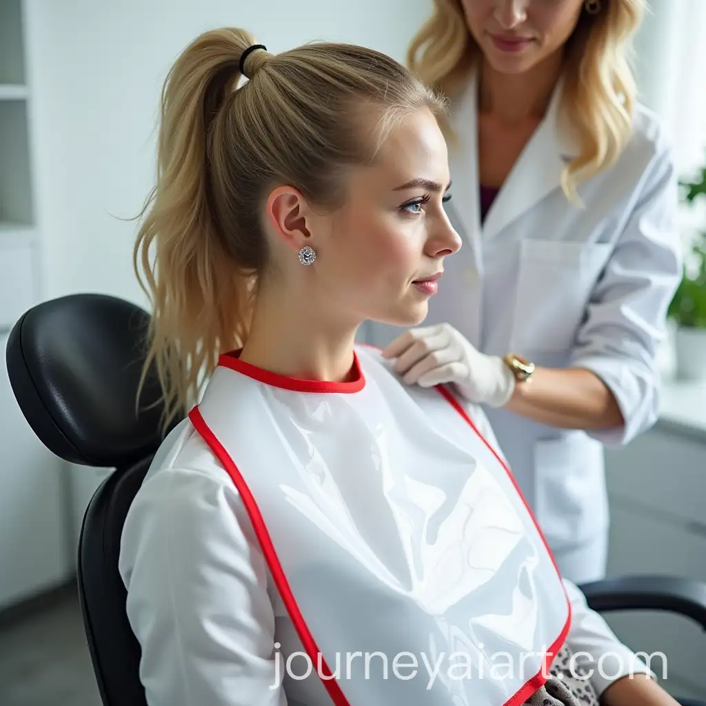 Blond-Woman-in-Dentists-Chair-with-Dental-Assistant-Preparing-Mealtime-Bib
