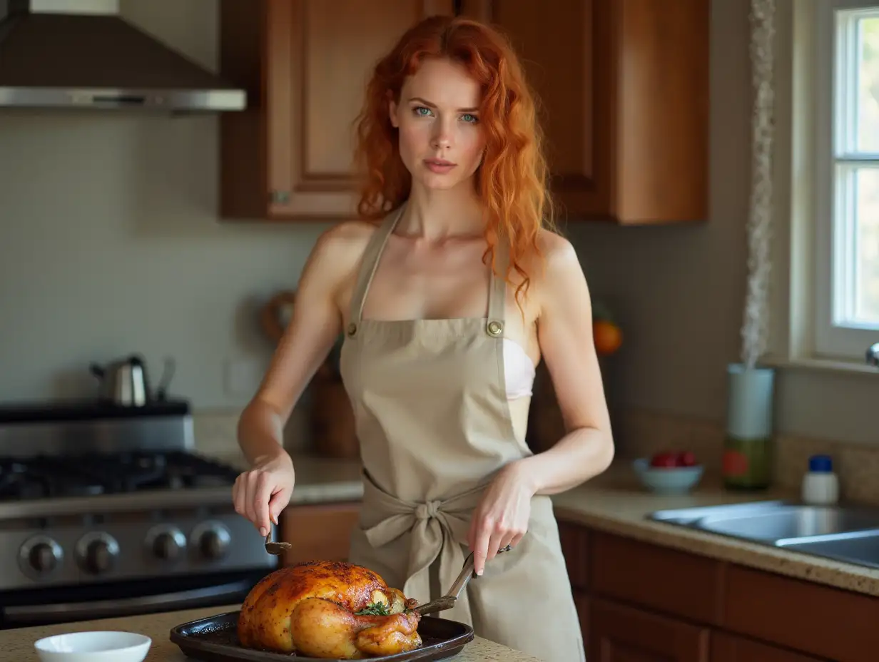 Redheaded-Woman-Cooking-Roasted-Chicken-in-Kitchen-with-Apron