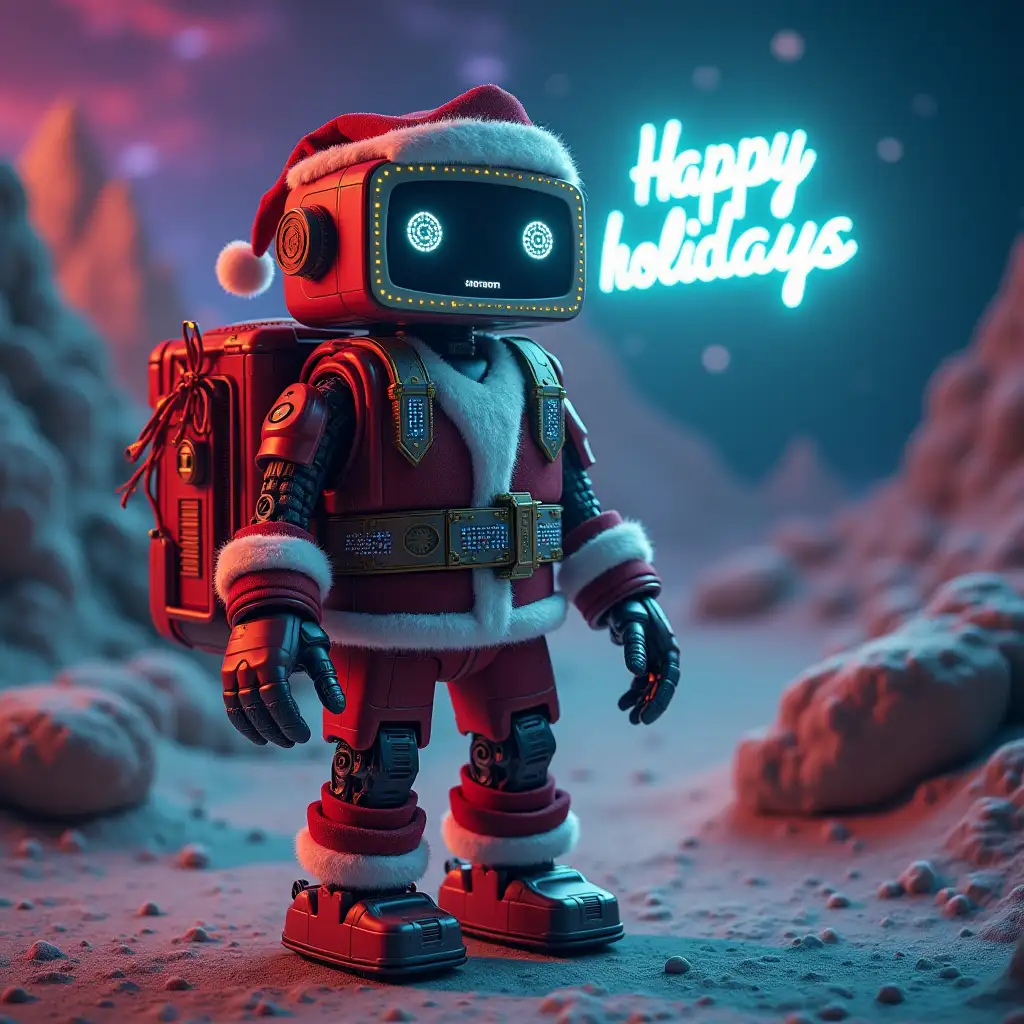 A captivating digital art piece showcasing a surreal, square robot Santa Claus standing in an exotic, futuristic world. The robot is intricately designed, with flickering LEDs, matrices, holograms, and system program codes. It exudes an otherworldly, high-tech aura. The background is a vibrant, mesmerizing blend of colors and patterns. A glowing pixel phrase, 'Happy holidays, AI Ideogram programmers,' floats gracefully from behind the robot, creating a unique and unconventional holiday scene that invites viewers to appreciate its beauty.