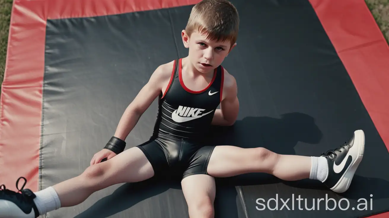 Athletic-SixYearOld-Boy-Relaxing-on-Outdoor-Wrestling-Mat-in-Nike-Gear