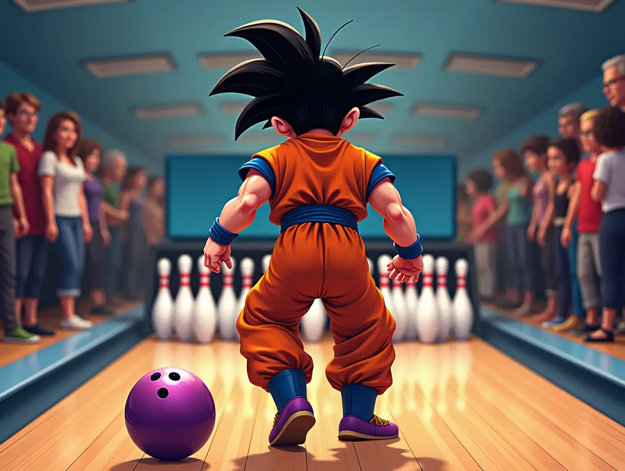 Goku playing bowling ball, holding bowling ball, pins, back view, multiple people, Goku full-body shot, long shot, illustration, high definition, high quality