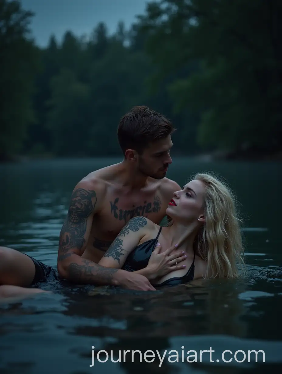 Man-Holding-a-Girl-in-a-Punk-Style-Outfit-by-the-Lake-at-Night
