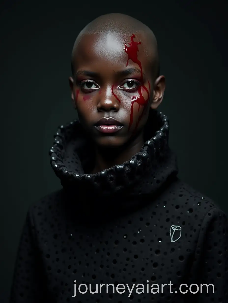 DarkSkinned-Bald-Girl-with-Shark-Skeleton-Necklace-in-Black-Perforated-Clothes-and-Red-Liquid-Splash