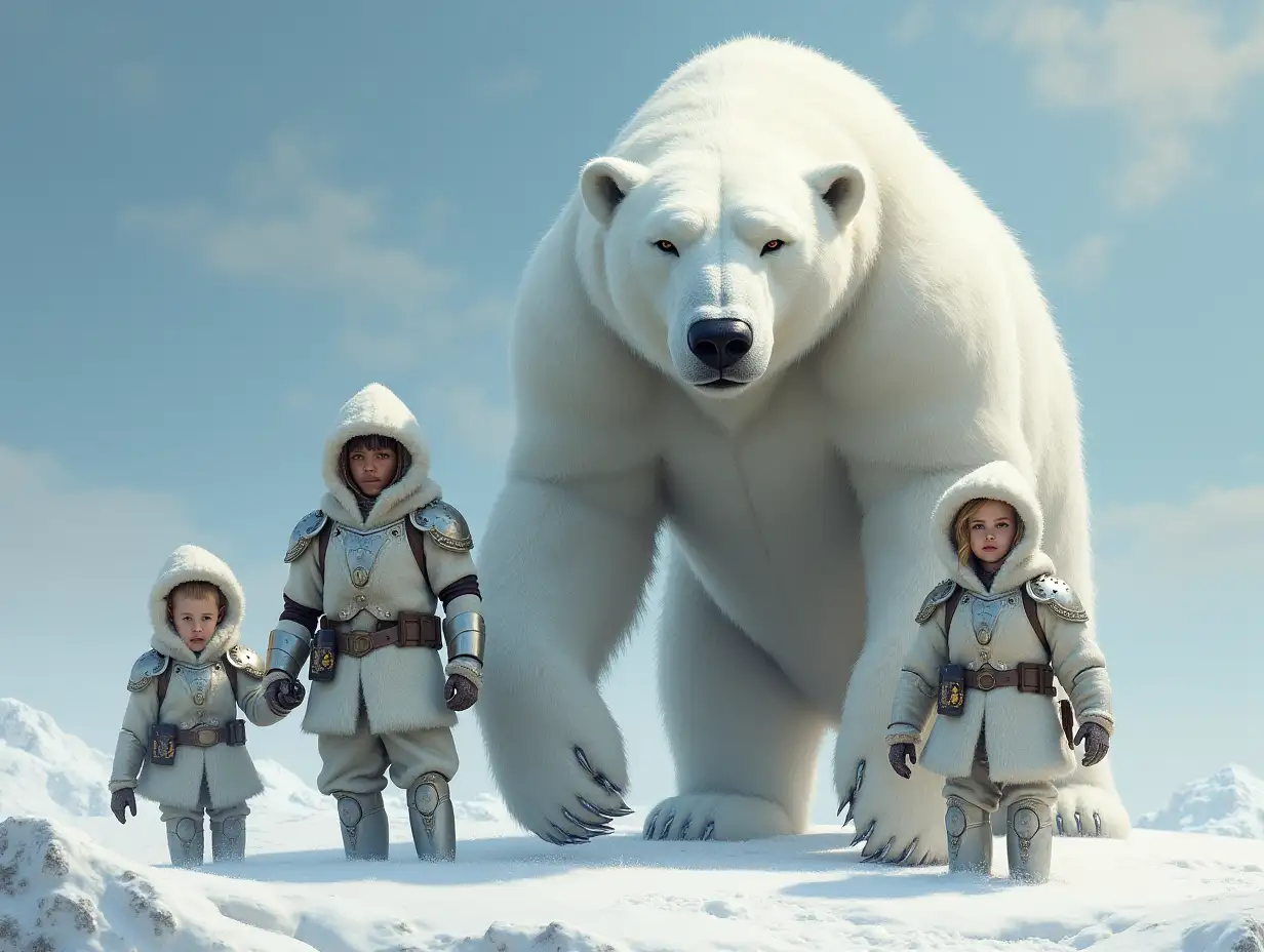 Ki-Fantasy Family,Man,Woman, and Children, giant POLAR BEAR face and with White Armor Equipment