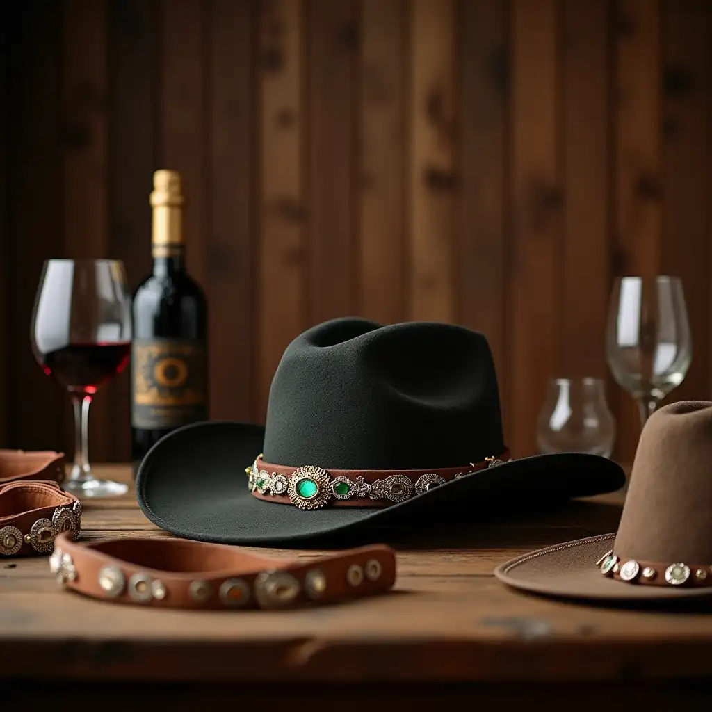 Product atmosphere photography, a retro desktop in the style of a Western cowboy, with a wooden wall in the background, a cowboy hat placed in the center of the frame, adorned with some gems and hatbands, surrounded by other cowboy hatbands, inlaid with emeralds and other decorations, some wine glasses and bottles on the table, in a retro style