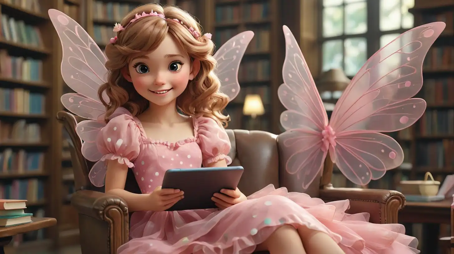 Happy Fairy Girl Watching Tablet in Library