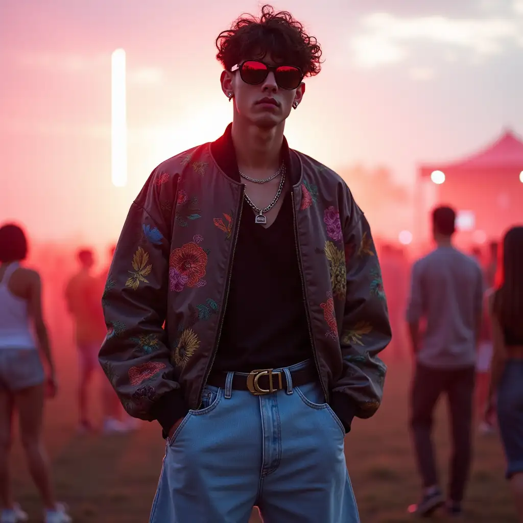 A Gen Z male model stands confidently at an outdoor rave concert in the crisp morning light, capturing the laid-back vibe of an after-party scene. He’s styled in a printed bomber jacket with an oversized, relaxed fit, layered over a bold black mesh vest that brings an edgy, effortless cool to his look. His light blue oversized, baggy wide-legged jeans flow down to chunky sneakers, cinched at the waist with a statement belt that adds a rugged edge.nnThe model's lenskart boot sunglasses reflect the warm, early-morning light, enhancing the clarity and sharpness of his bold style. The background glows softly with pink and orange hues, casting a dreamy, surreal light over the scene that perfectly complements his vibrant outfit. His pose is relaxed yet confident, embodying the energy of a Gen Z after-rave moment, with a style that feels trendy, carefree, and distinctly Pinterest-worthy. The setup and lighting bring sharp focus to the model, highlighting each detail of his look with a high-resolution, editorial finish.