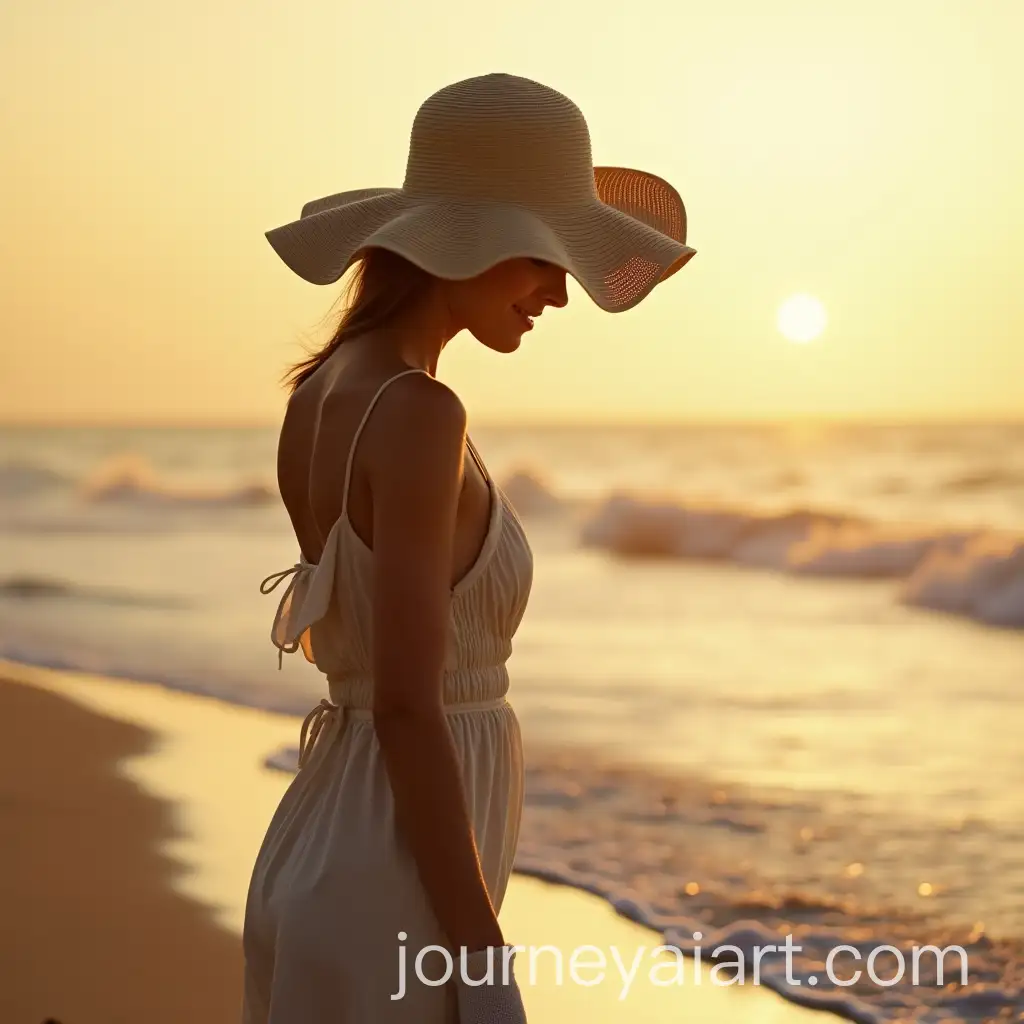 Woman-in-Cream-Bathing-DressAI-Art-Prompt-Expansion-with-Straw-Hat-Reflecting-by-the-Sea-at-Sunset