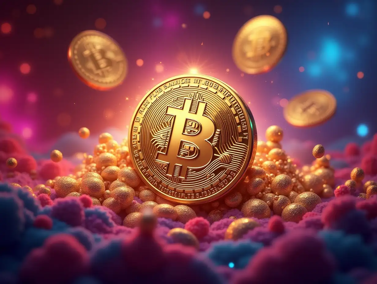 An artistic composition featuring a vibrant, colorful, and bright background with gold and platinum Bitcoins floating gracefully. In the center, ,  The Bitcoins have a polished, reflective finish, catching light beautifully, and the text emits a radiant glow, complementing the luxurious theme. The overall image is vivid, eye-catching, and dynamic, with sharp details and a polished, ultra-high-definition finish. Highly detailed, highly sharp, clear, clean line, artistic, eye-catching, very attractive, 128k uhd