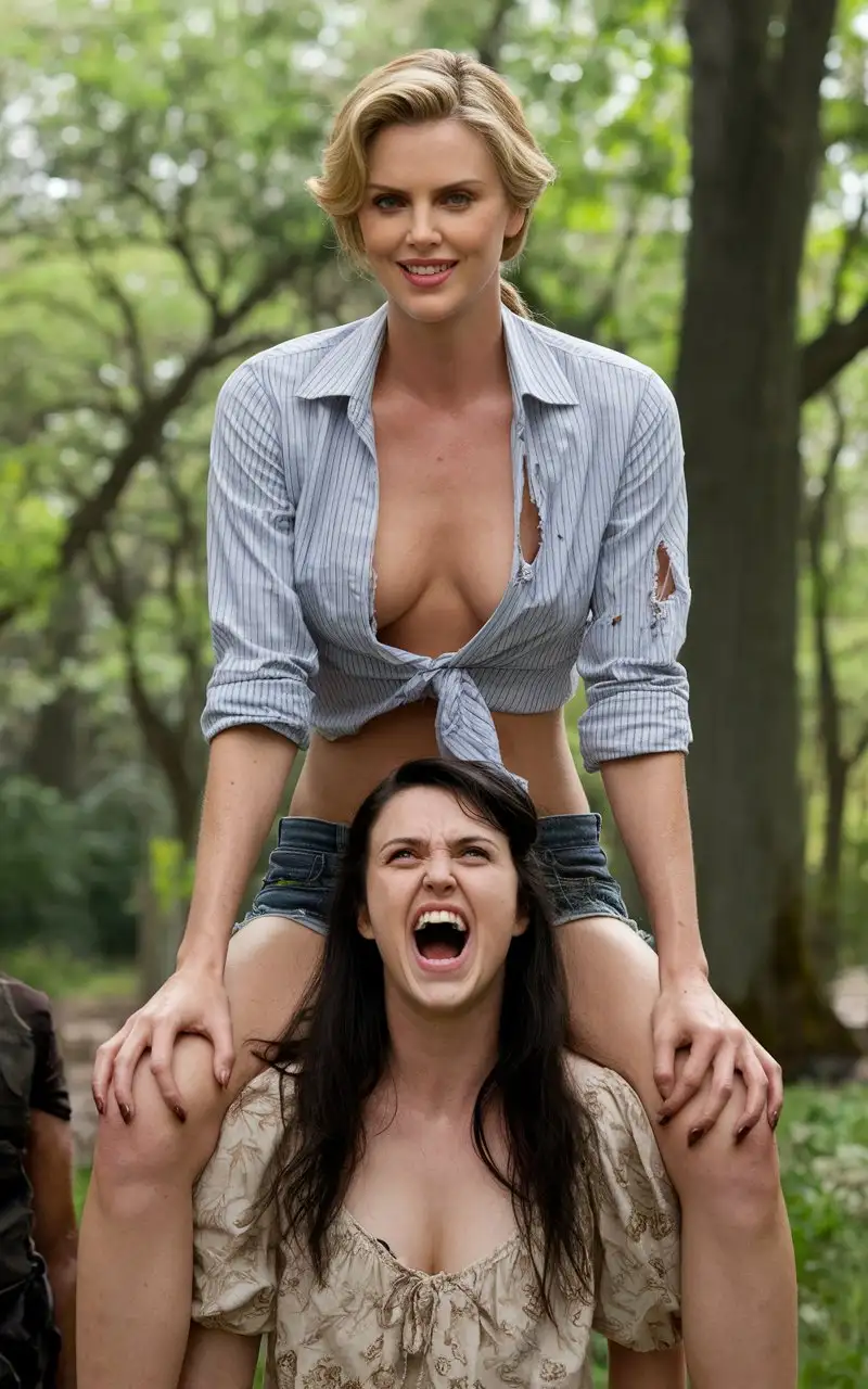 Seductive-Woman-in-Torn-TShirt-Sitting-on-Head-of-Screaming-Woman-in-Horror-Scene