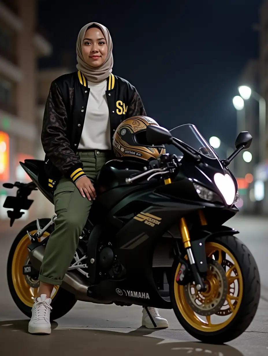 Confident-Young-Woman-in-Varsity-Jacket-on-Yamaha-YZFR15-Motorcycle-at-Night