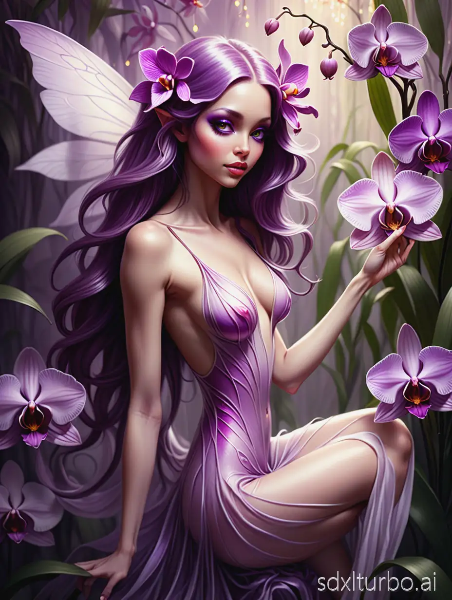 A seductive and elegant fairy born from an orchid flower, her wings resembling exotic and delicate petals in shades of purple, pink or white. Her soft and radiant skin, flowing and silky hair with refined floral highlights. She adopts a pose in her light dress among the elegant stems and leaves of the orchid, bathed in enchanting and captivating fairy light. Artistic style: fantasy illustration in the style of Caza or Milo Manara, with refined lines, intense colors, sensual and poetic atmosphere.