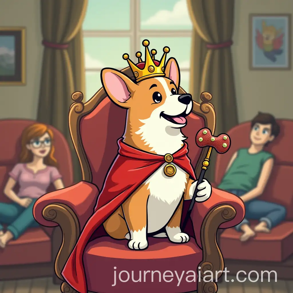Corgi-King-on-Throne-Overseeing-Human-Guests