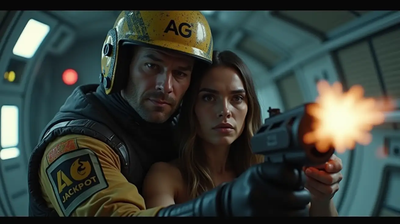 Rogue-Hero-Jackpot-in-Space-Suit-Engaged-in-Firefight-with-Woman-on-Futuristic-Spaceship