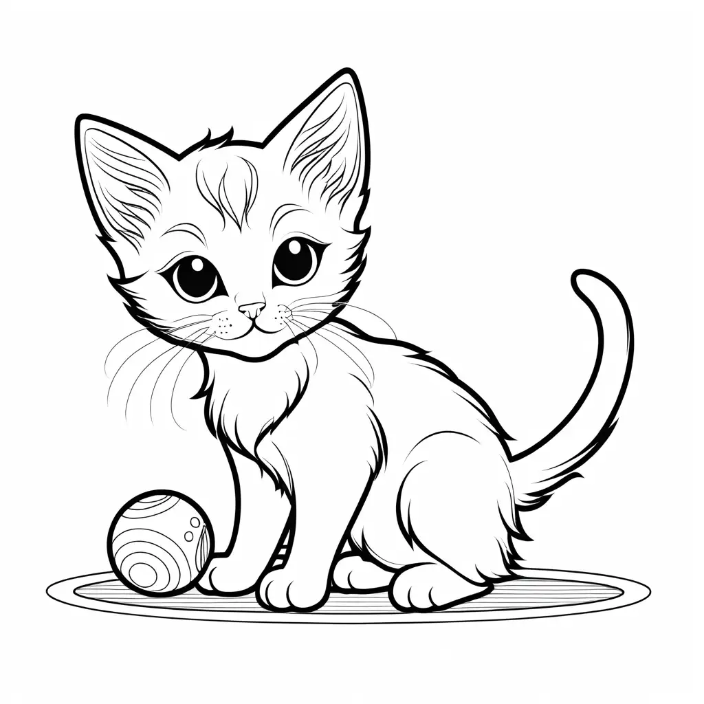 cute kitten playing with a toy, black and white, coloring paper, simplicity, line art, ample white space, Coloring Page, black and white, line art, white background, Simplicity, Ample White Space