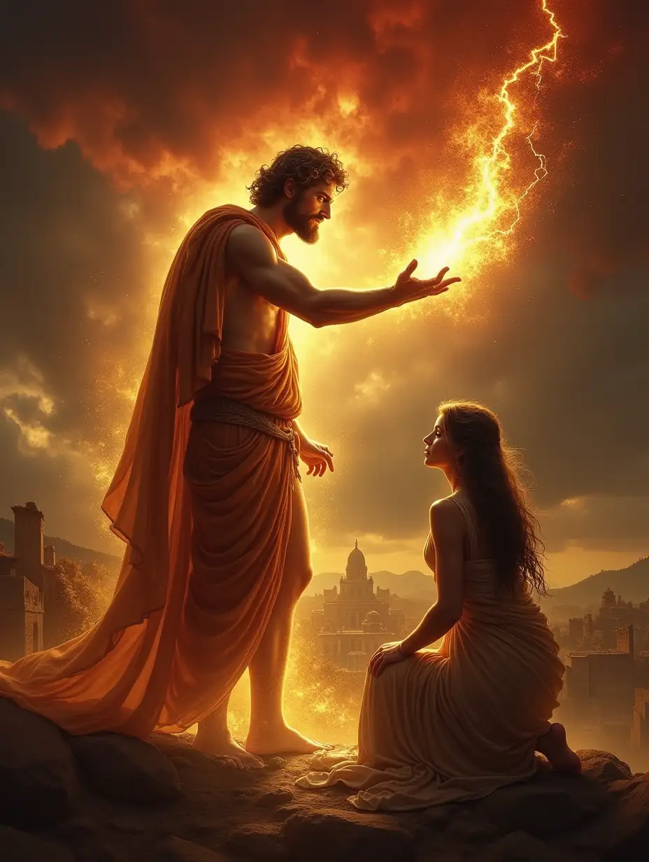 Apollo, the radiant Greek god with a golden aura, stands furious before Cassandra, his eyes blazing with divine anger. His outstretched hand crackles with golden energy as he casts a curse upon her. Cassandra, the beautiful prophetess with long flowing hair, recoils in despair, her face filled with sorrow and fear. The background is dark and stormy, with ominous red clouds swirling above, symbolizing the impending doom. The grand city of Troy looms in the distance, unaware of the tragedy unfolding. The atmosphere is intense and dramatic, capturing the fateful moment of Apollo’s wrath.