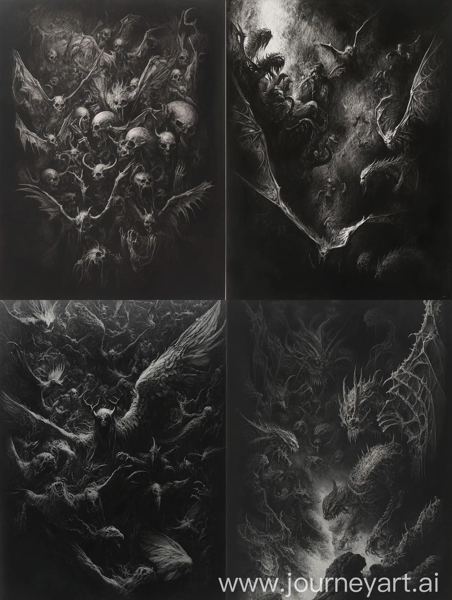 Intricate-Pencil-Artwork-of-Flying-Demons-in-a-Dark-Occult-Setting