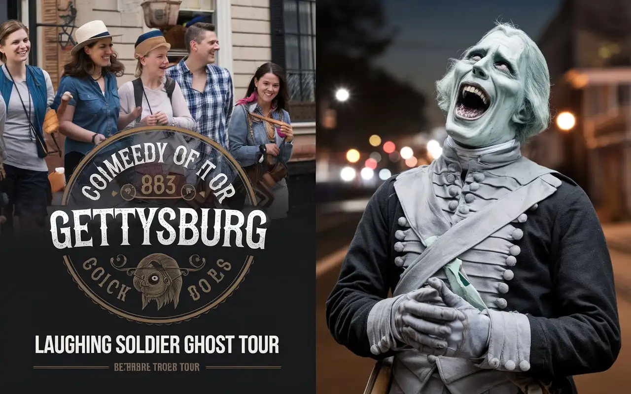 A clear full color advertisement about a comedy ghost tour to be used in film for a specific improv film sequence used in the film that is fun for all ages. Show an image of a group in a tour on left side in Gettysburg with text very clear in a logo with a font from 1863 modernized that is circular for the company and have the image showcase on the right a creepy ghost soldier who is laughing so hard that it is infectious with him in full attire for the battle of Gettysburg in 1863 but show him as partially transparent and with his head reared up laughing so hard and blur the middle with a transition to make it look clear that this is what you may hear on the tour and make sure subtext shows laughing soldier ghost tour. The story of Timmy Talfor and ensure he is ghostly transparent with green radiated edges seen in the backdrop is Baltimore street at night.