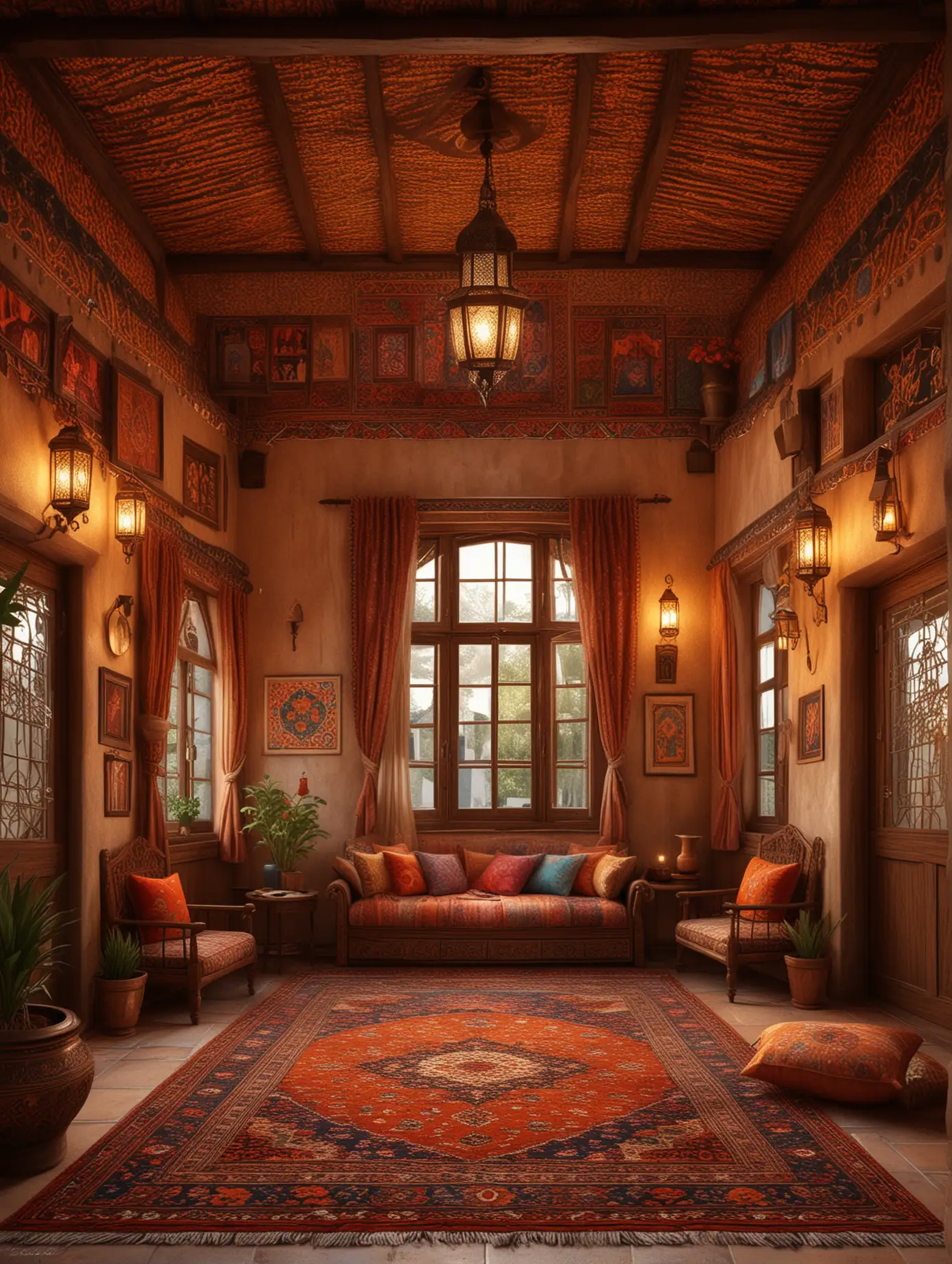 Traditional-Iranian-Interior-with-Thatched-Walls-and-Vibrant-Carpets