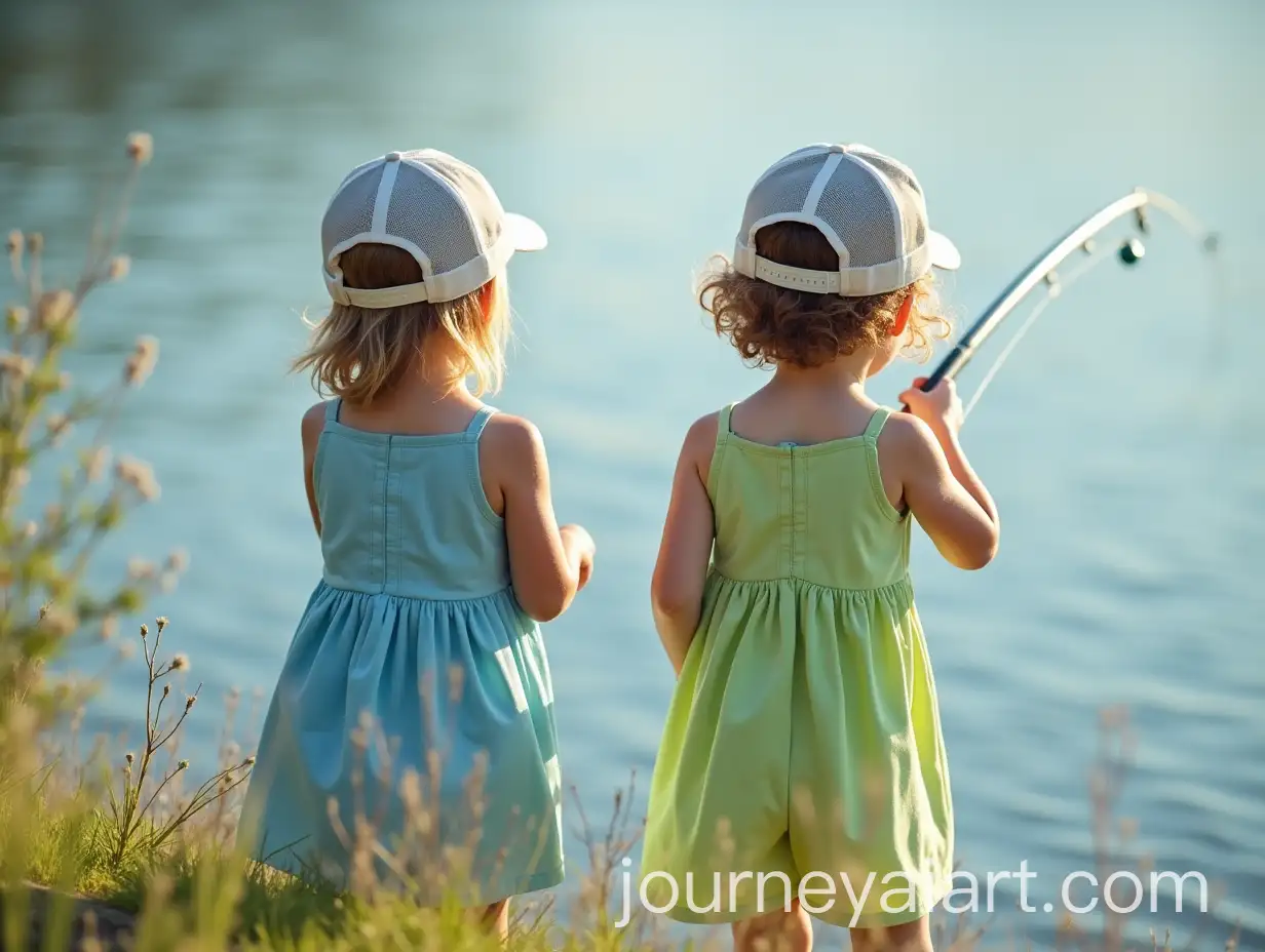 Two-Little-Boys-Fishing-at-Lakeside-in-Green-and-Blue-Outfits