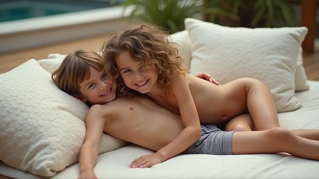 Children-Playfully-Posing-on-a-Lounge-Bed-with-Fluffy-Pillows-on-a-Wooden-Deck